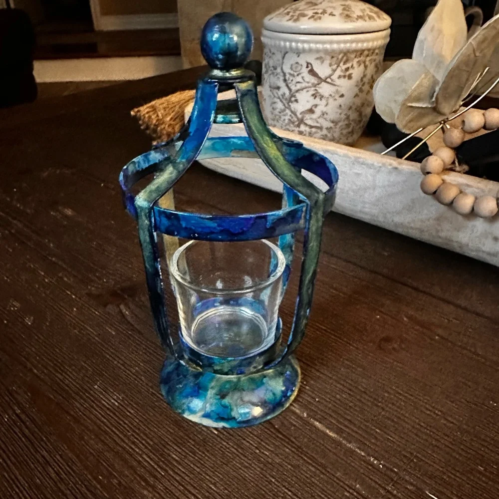 Handcrafted blue metal lantern votive holder with glass cup decorative accent
